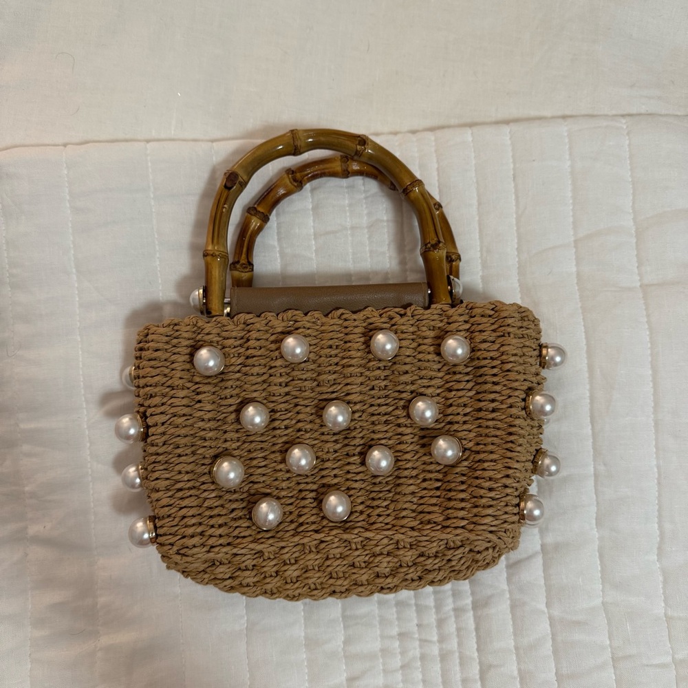 Pearl-Embellished Tan Woven Bag